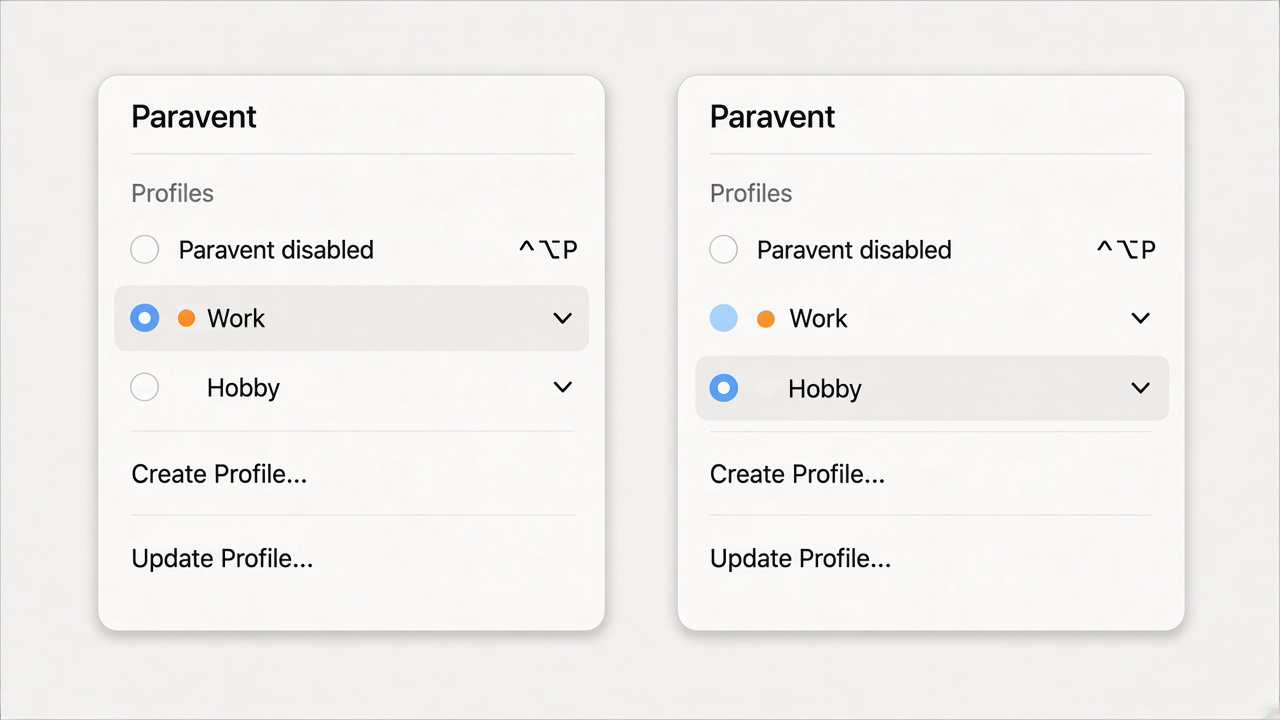 Work and Hobby profiles in the Paravent interface