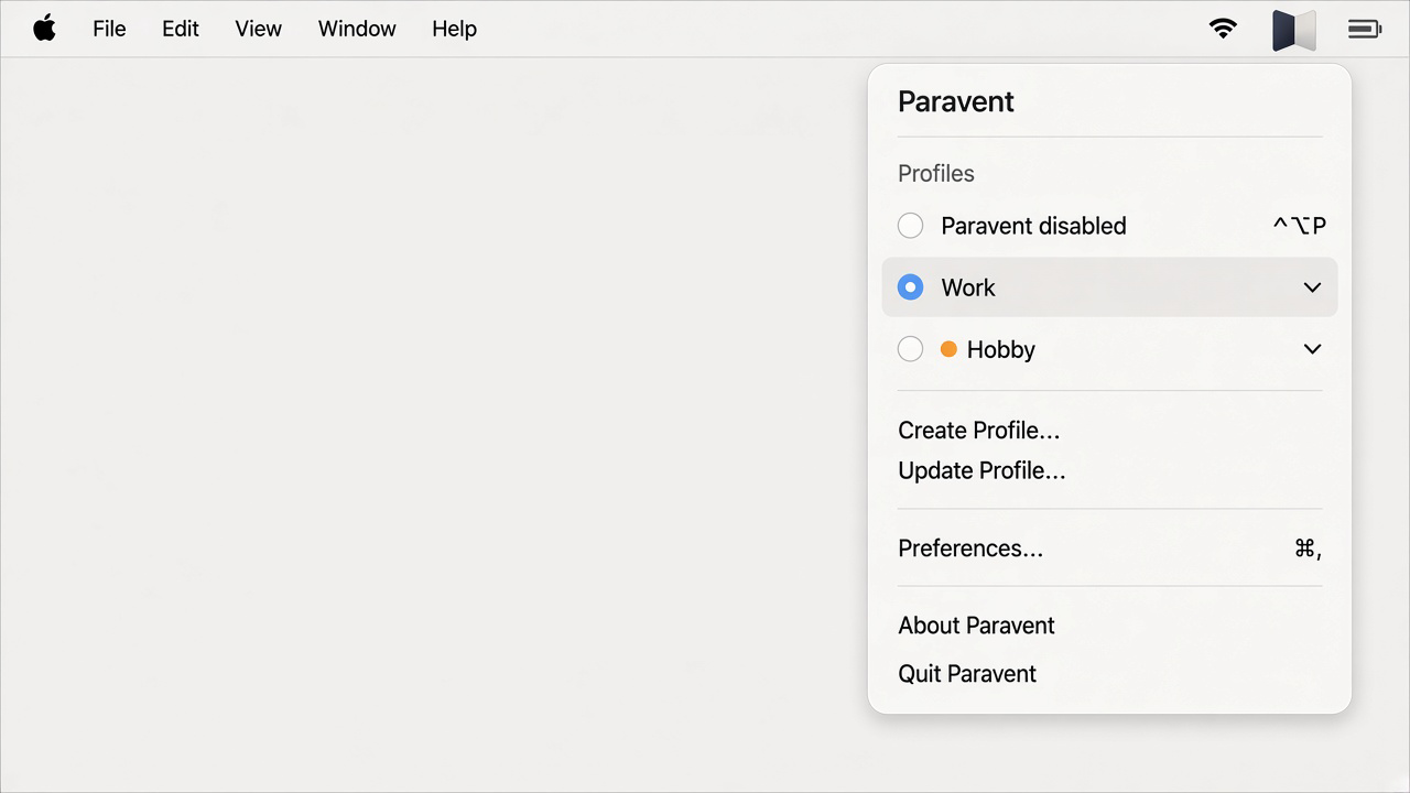 Paravent interface on macOS, showing context profiles in the menu bar